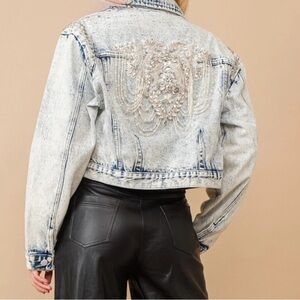 Embellished Light Wash Denim Cropped Jacket
